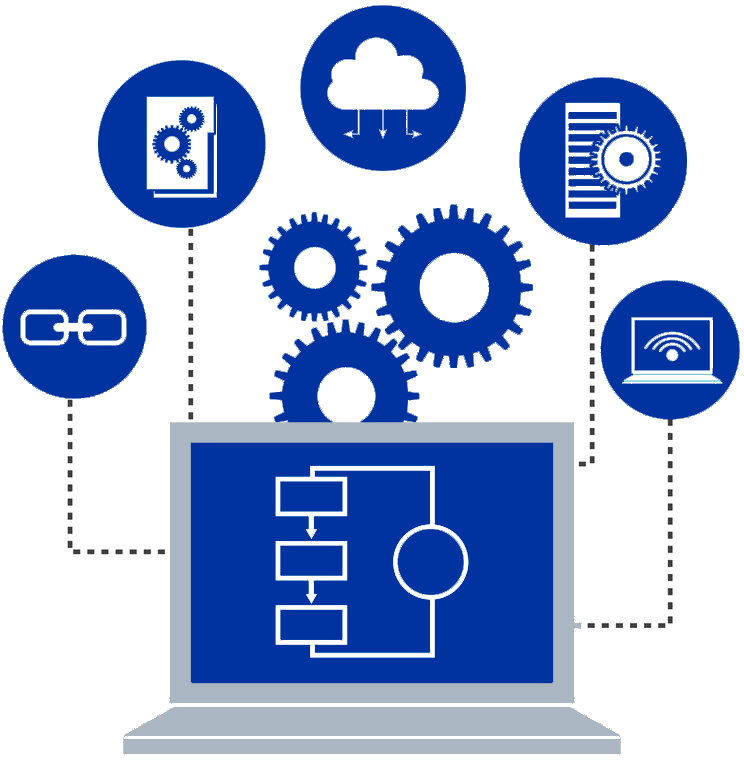 Graphical illustration of data management depicting a computer interconnected with multiple datasets and systems.