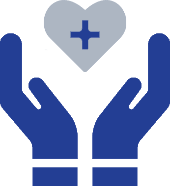 Icon of two hands holding a heart with a medical sign inside.