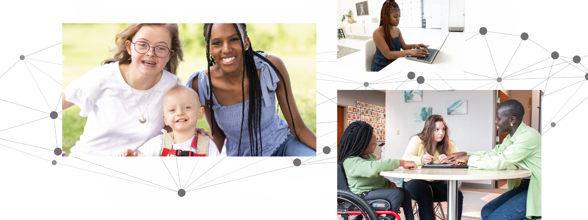 A collage of images of individuals with and without disabilities engaging in collaborative activities.