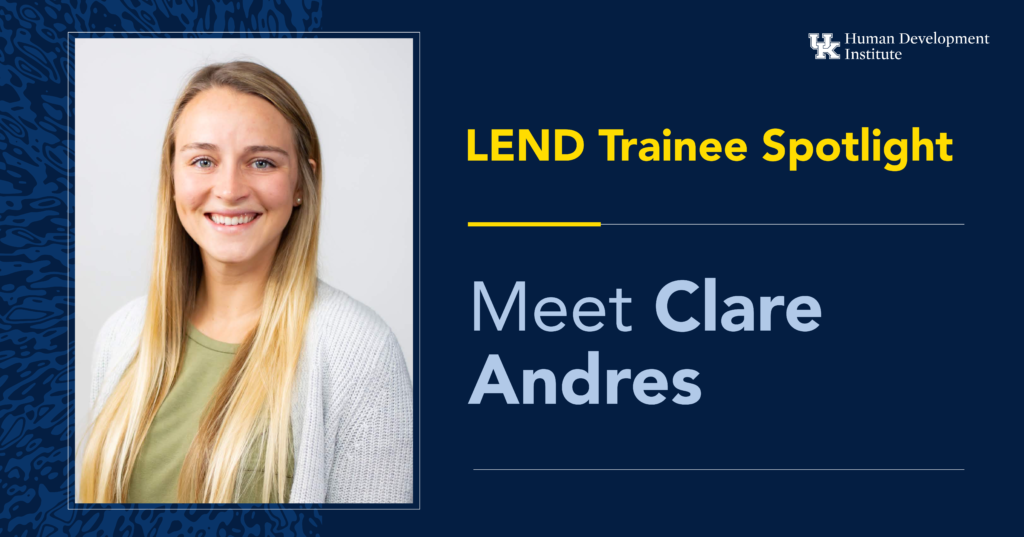Clare Andres trainee spotlight graphic. She has long, blonde hair and is wearing a green t-shirt and grey cardigan