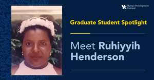 Ruhiyyih Hendeson student spotlight graphic, she is wearing a white dress and a white flower crown, smiling for the picture