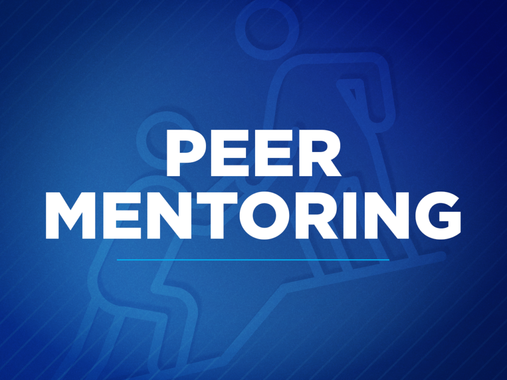 Blue graphic with PEER MENTORING in bold white letters