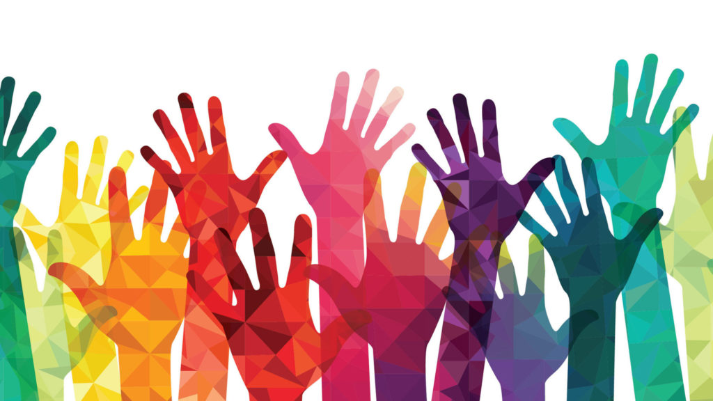 Graphic of many multi colored raised hands symbolizing diversity, equity and inclusion