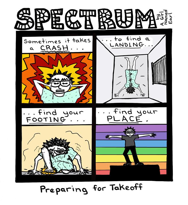 comic from spectrum with four squares. the top left has a person wearing a hospital gown holding their head with text reading, "Sometimes it takes a crash..." the next square show a person laying face down with text that says, “…to find a landing…” the next shows that person crouching on the ground with one foot on the floor, with text that says “…to find your footing…” the final square shows that person wearing a grey t-shirt and pants standing an a podium with a rainbow flag behind them with text reading, “…find your place.”