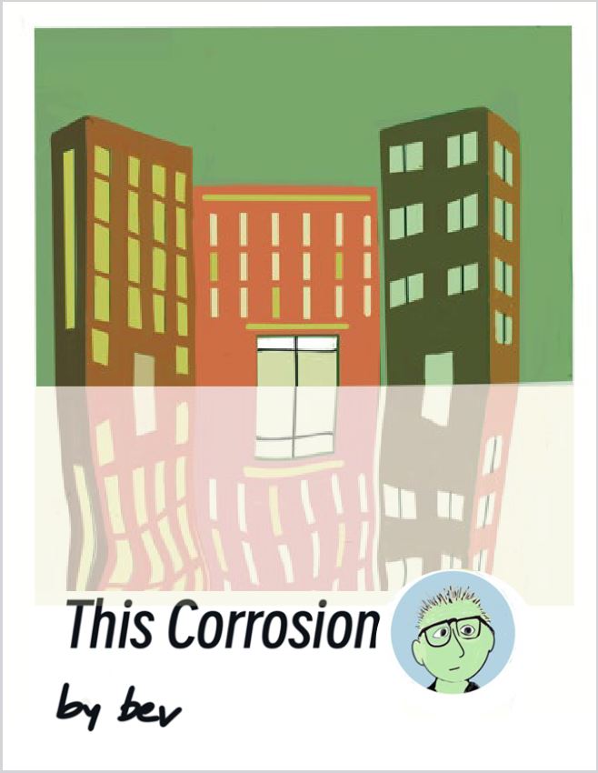 This Corrosion by Bev with abstract buildings against a green sky