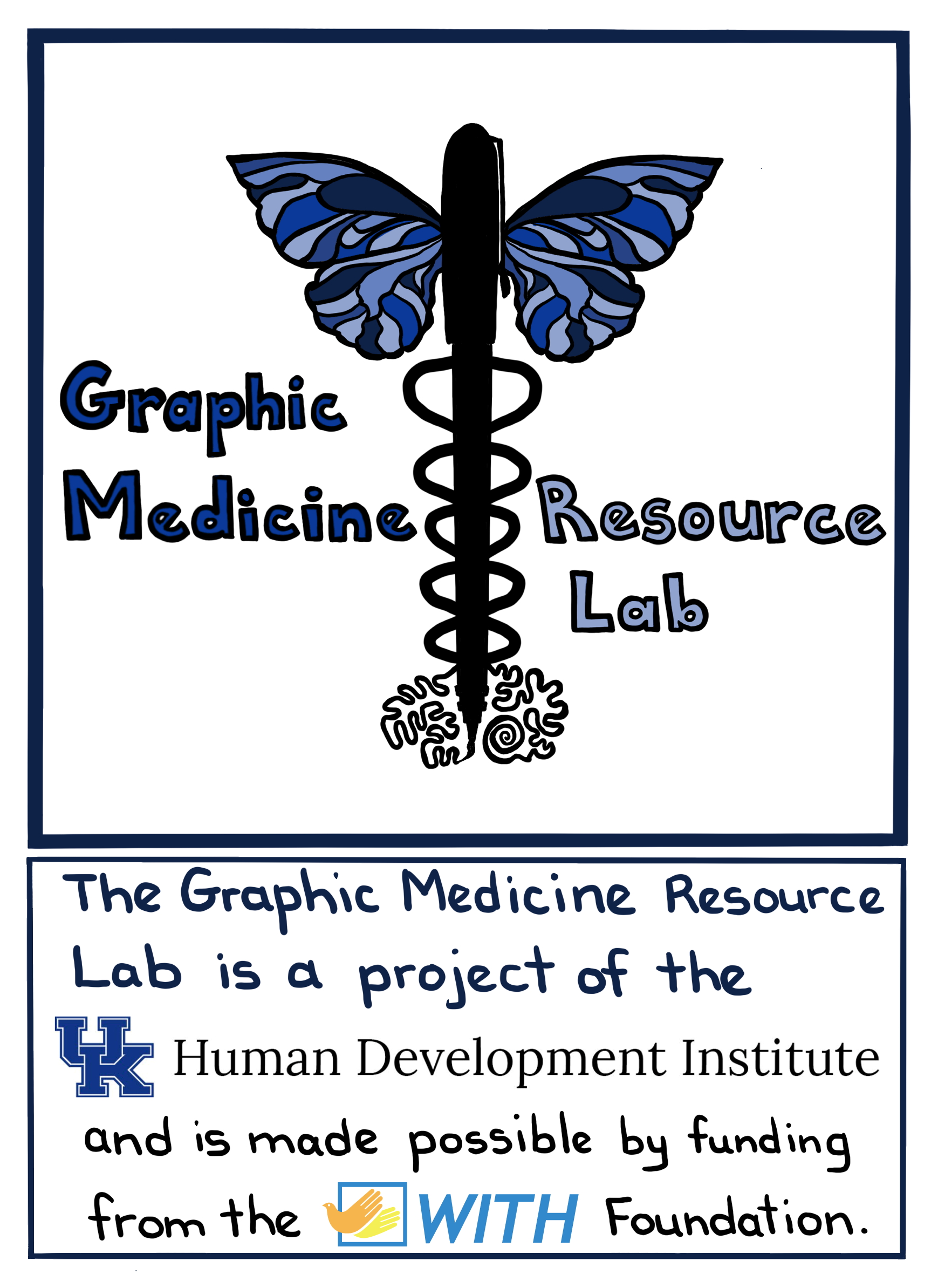 The graphic medicine resource lab logo is a health icon with butterfly wings. It's in blue and black colors and is hand drawn.