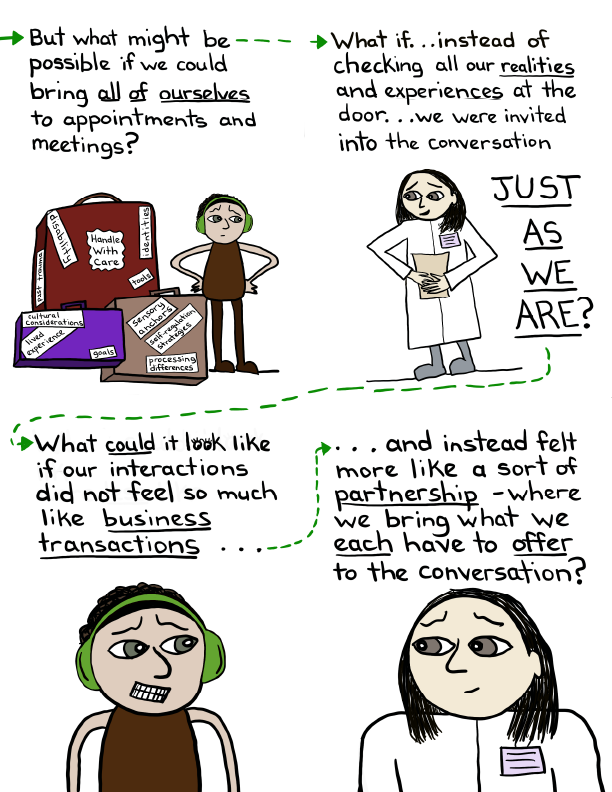 What it looks like to bring all our ourselves (our luggage) to an appointment or meeting. The goal is for there to be a conversation and a partnership.